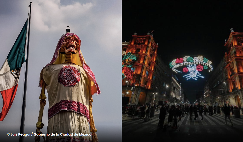 Zócalo CDMX: Ofrenda monumental con Pancho Villa de 17 metros e iluminación de Día de Muertos