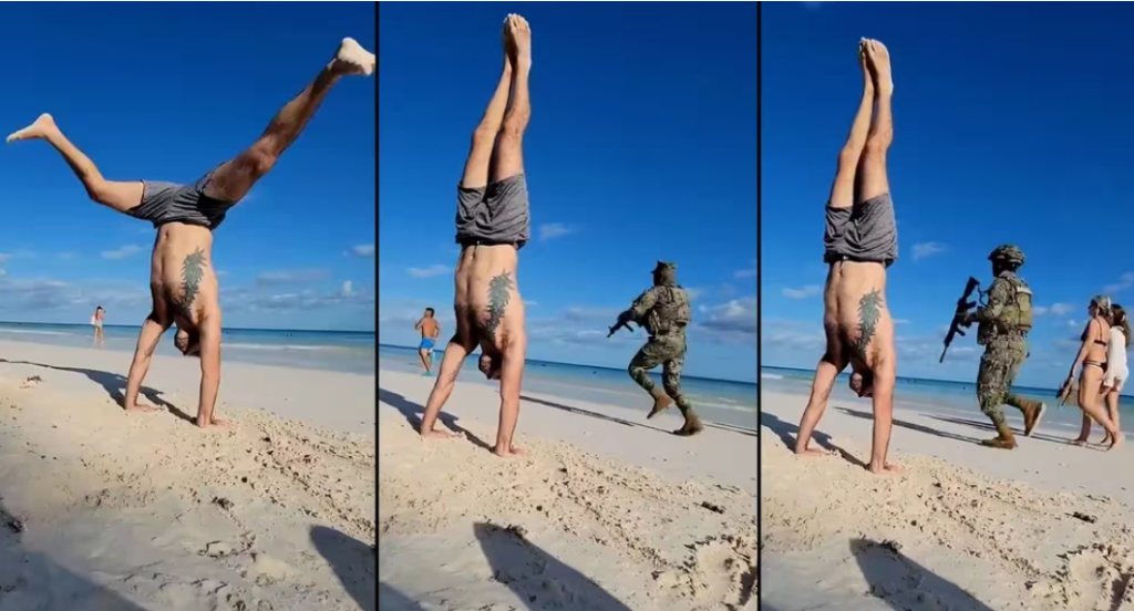 Elementos de la Marina fueron captados persiguiendo a narcomenudista mientras un hombre se grababa haciendo yoga en playa de Tulum