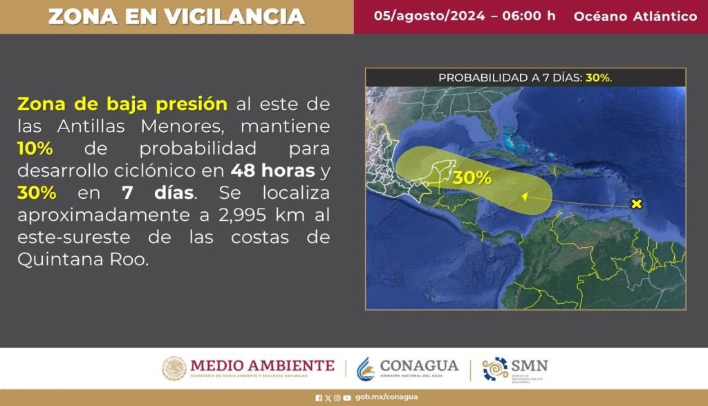 Zona de Baja Presión Monitoreada en el Atlántico: Posible Desarrollo Ciclónico en Quintana Roo